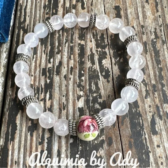 Floral Silver statement pink quartz chunky beaded bracelet for stacking/… - Picture 1 of 5